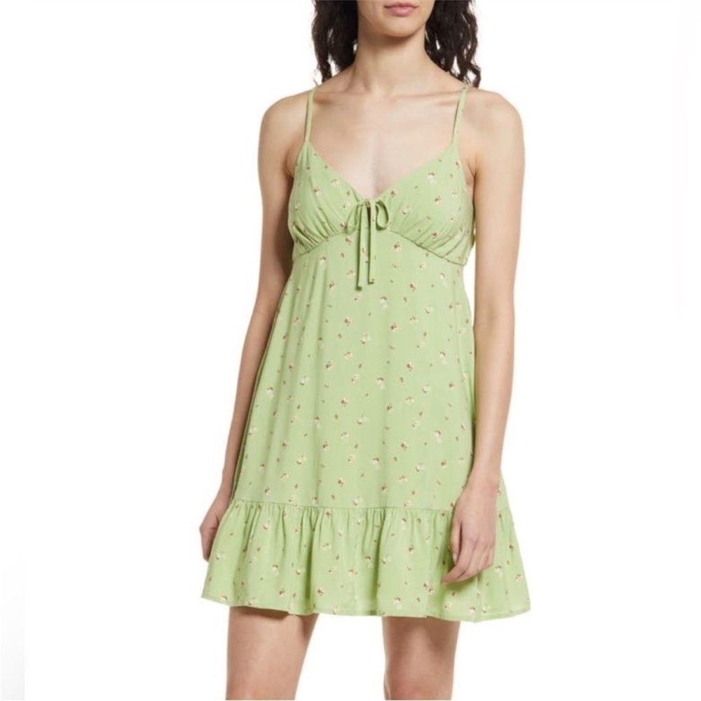 Abound Light Green Floral Babydoll Mini-Dress with a Tie-Front Detail